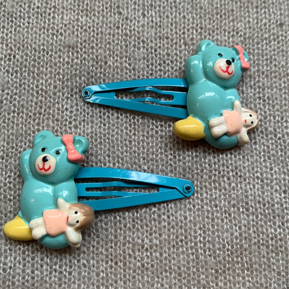 VINTAGE Set of 2 - Kids Bear Hair snap Clip Mini Barrette Blue Turquoise